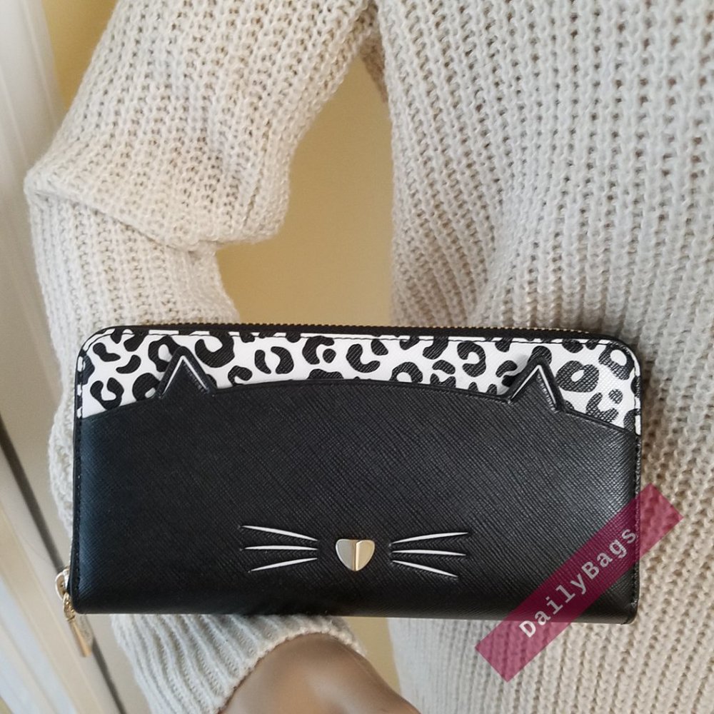 NWT KATE SPADE 100% AUTHENTIC MEOW CAT CONTINENTAL WALLET BLACK WHITE LEOPARD